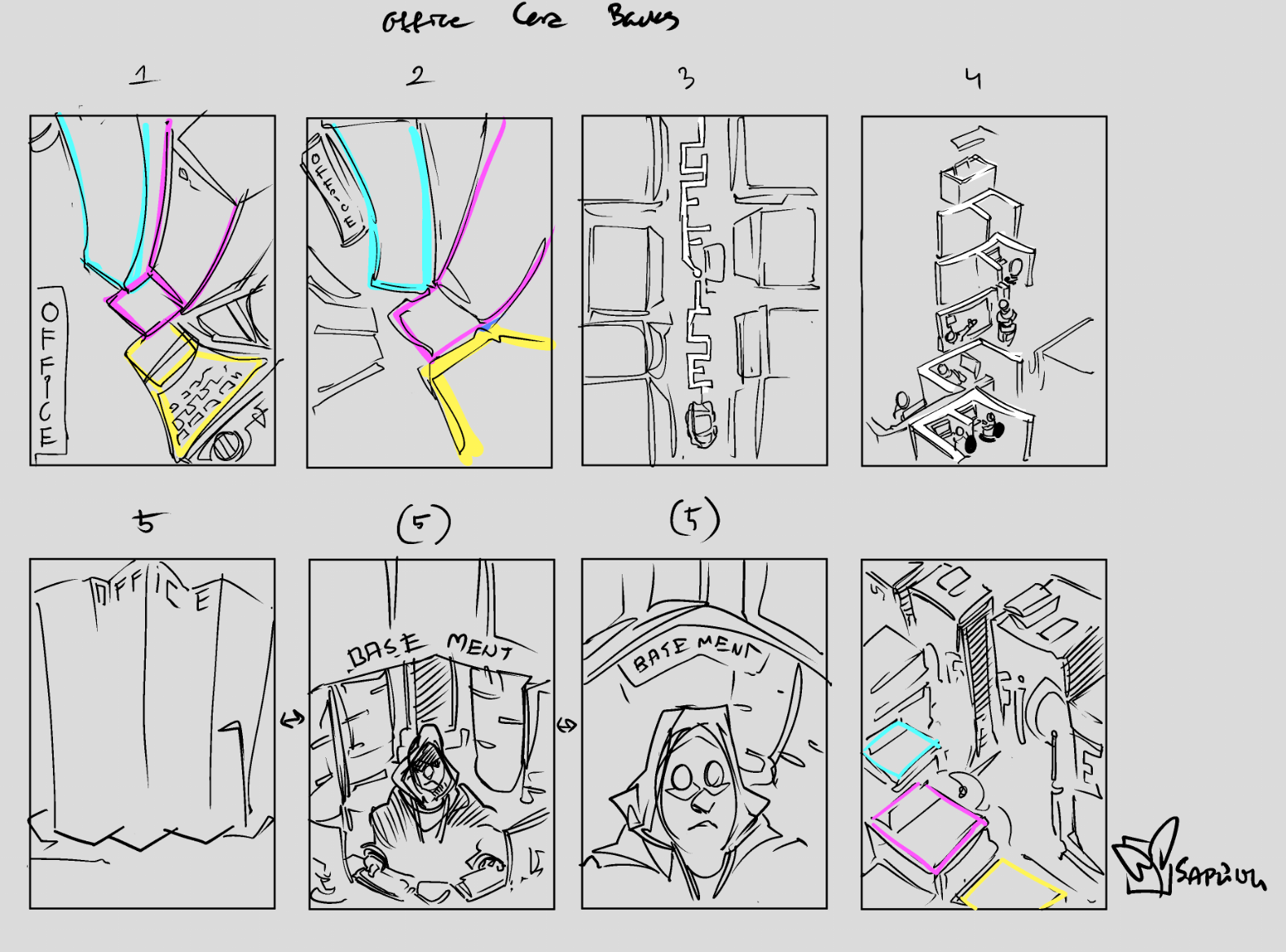 Hand-drawn composition studies for the card backs